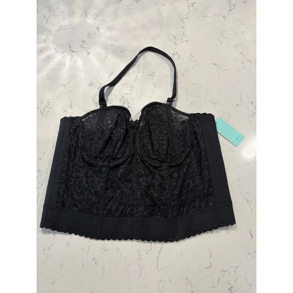 Goddess Lace Bridal Longline Bra Black 40B Strapless Halter Bustier‎ NWT